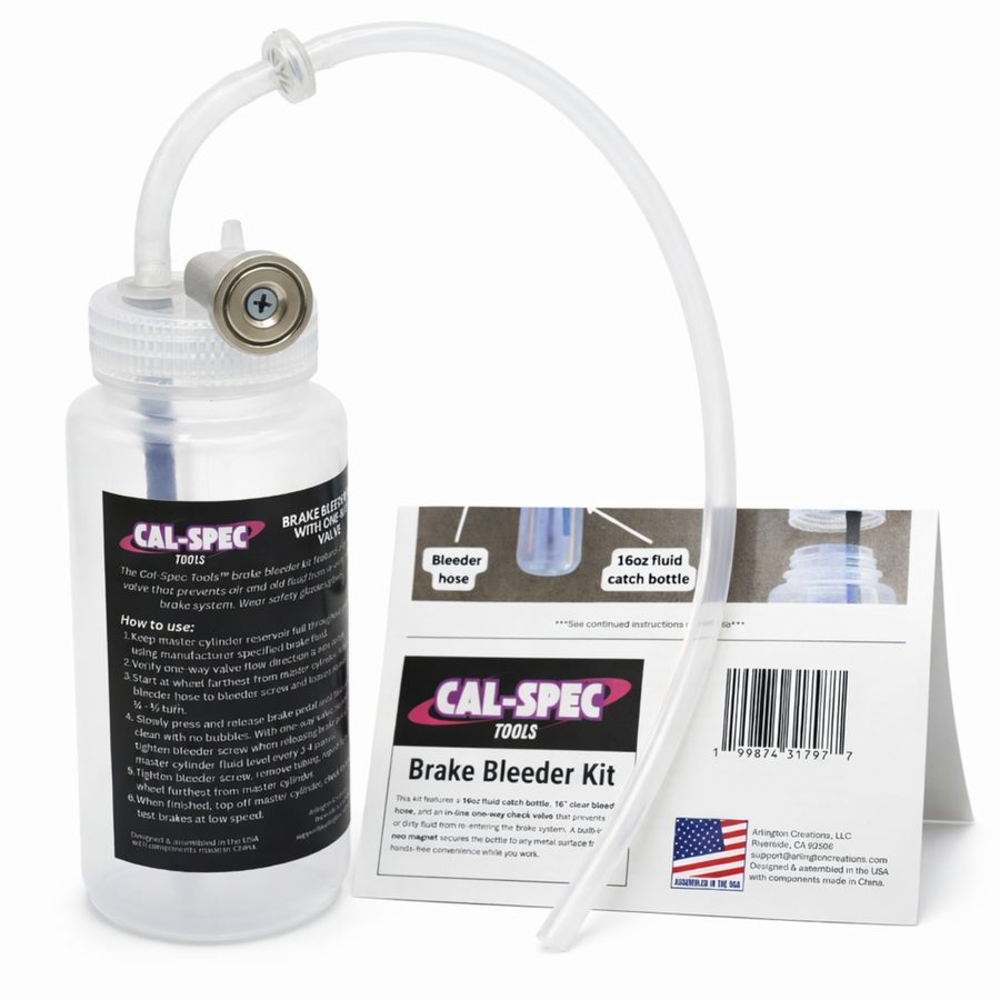 Cal-Spec brake bleeder kit contents: catch bottle, hose, and instruction card